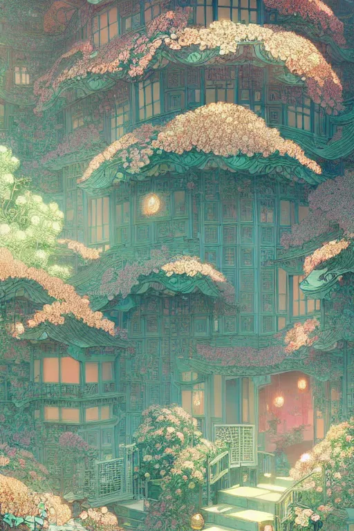 Image similar to a beautiful hyperdetailed matte illustration victo ngai style of absolutely beautiful blooming flower house, from china, perfectly shaded, atmospheric lighting, style of studio ghibli, makoto shinkai, raphael lacoste, louis comfort tiffany, artgerm, james jean, ross tran, chinese style