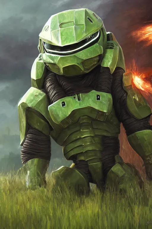 Prompt: bulbasaur playing as master chief, oil on canvas, intricate, portrait, 8 k highly professionally detailed, hdr, cgsociety