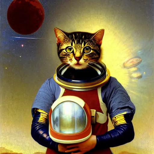 Image similar to portrait of a cat astronaut with armor and helmet, by bouguereau
