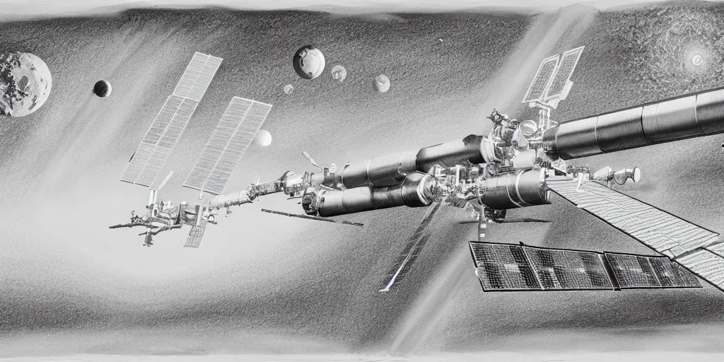 Image similar to a highly detailed graphite sketch of the international space station, with the sun reflecting off of it's windows, various refining methods