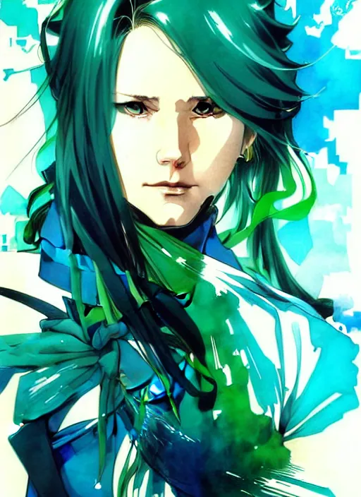 Image similar to style of yoji shinkawa, artgerm, joshua middleton, beautiful kristen bell with green dress, very long blue hair, water powers water swirling, symmetrical face, symmetrical eyes, detailed, beach setting, cinematic lighting