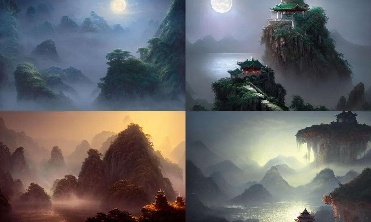 Prompt: soft moonlight in the night sky, ancient and elegant chinese buildings stand on small islands in the sky, waterfalls descend along the clouds and mists, in monmagnificent john howe landscape, backlight, fantasy, high - definition, greg rutkowski, artstation, unreal engine, light effect, wlop fairy tale