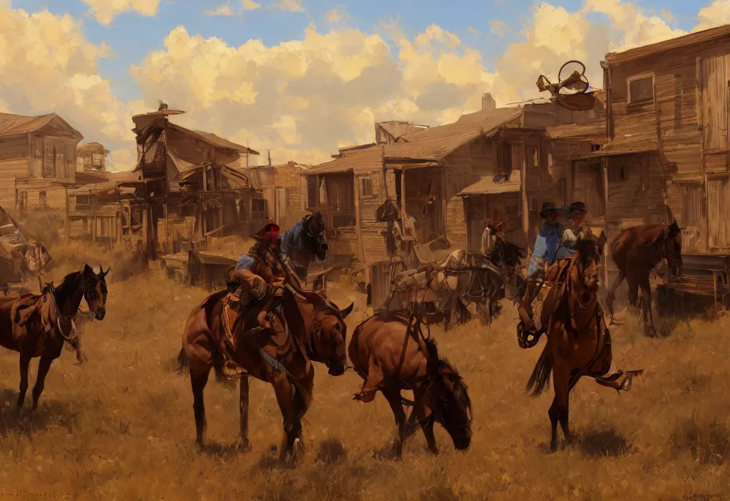 Image similar to greg manchess painting of a wild west abandoned town landscape with no person nor horse in the painting only buildings in the year 1 8 5 0, nobody living there, painting, trending on artstation, by huang guangjian and gil elvgren and sachin teng