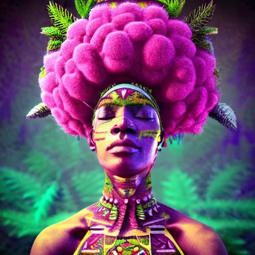 Image similar to female african marijuanna! shaman with an afro made of flowers, third eye art art by machina infinitum, complexity from simplicity, rendered in octane, mandelbulb 3 d, ambient occlusion, macro photography, felt!!! texture, tribal, neon! retrowave