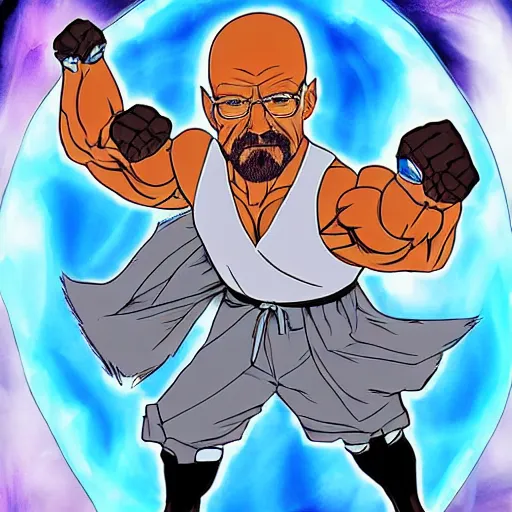 Prompt: buff Walter White Hadoken a ball of blue fire to the right side of the screen, accurate anatomy, accurate hands, highly detailed, digital art, smooth,