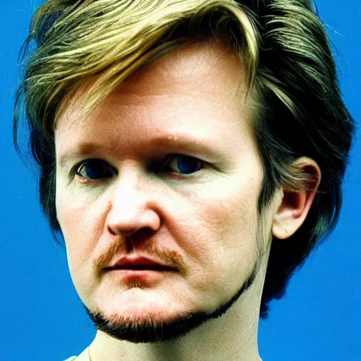 Prompt: david sylvian, 1 9 8 6, brunette hair, blue background