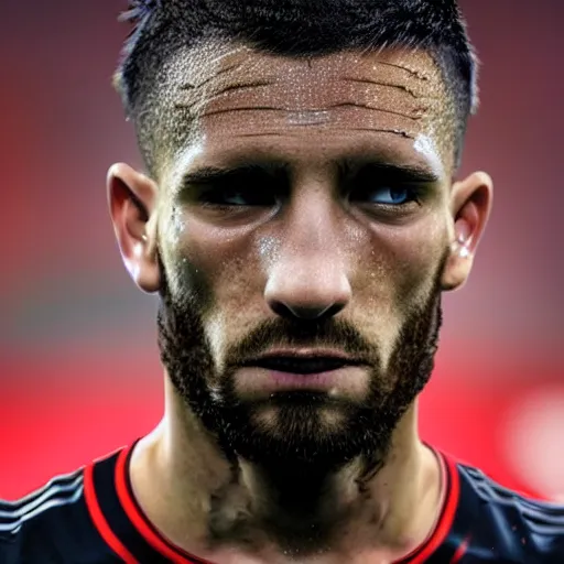 Image similar to ultra - photorealistic, manchester united player cried after degradation, intricate details, sharp focus, perfect baroque like real project, symmetrical realistic, perfect face and anatomy ultra - details, 4 k, uhd, beautiful random content position, perfect emotion, balance