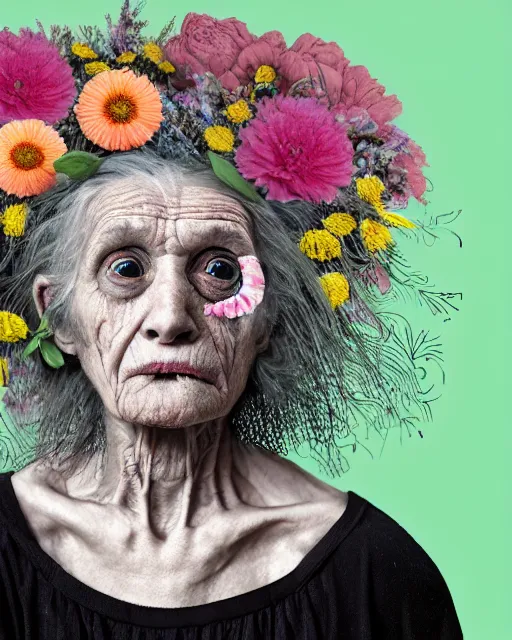 Image similar to a portrait of a surprised, fleshy old woman covered in flowers in the style of guiseppe arcimboldo and james jean, covered in wispy gray hair with a hint of neon, hd 3 d, 8 k