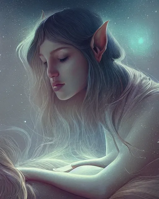 Image similar to beautiful painting of a elven sleeping on her bed, poster art by mor than, cgsociety, space art, sci - fi, cosmic horror, sense of awe, art by mike winkelmann, sky night, illustration, highly detailed, simple, smooth and clean vector curves, no jagged lines, vector art, smooth, artstation