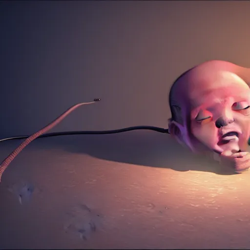 Image similar to picture of fetus with a cord, coming out from the television static noise, 8k, unreal engine, concept art, oil paiting, artstaion, higly detailed, ultra hd