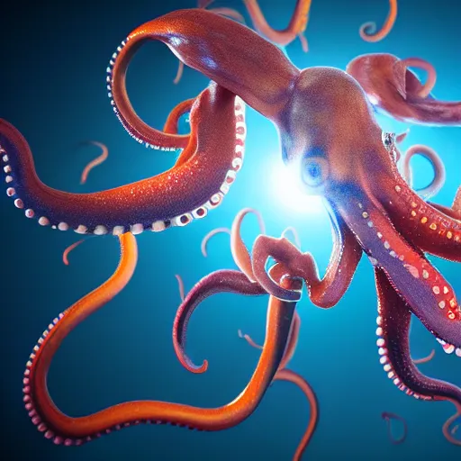 Image similar to hyperrealism simulation of parallel universe octopuses floating in deep space in surreal scene from art house movie from future by caravaggio rendered in blender and octane render