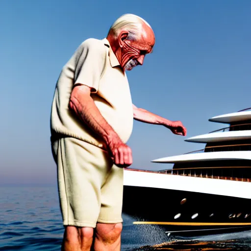 Prompt: wrinkled hunchbacked old man polishing the side of a gold plated mega yacht