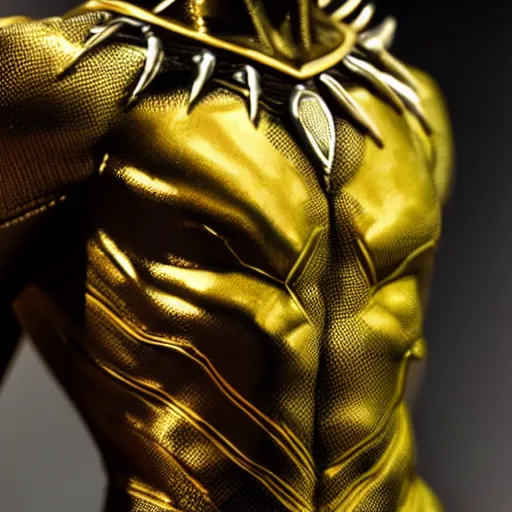 Image similar to a close up photo of a detailed golden statue of Black Panther, 8K,