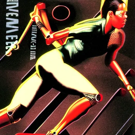 Image similar to Trinity the matrix, Female sprinter in athletic attire with cyborg legs, metal body, diesel punk, athletic footage, 1980's, olympics, cinematic, art deco