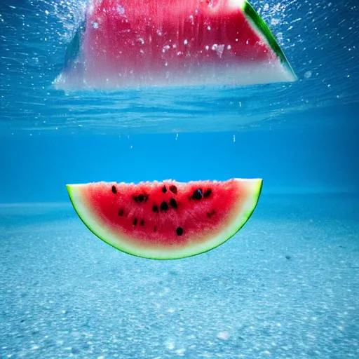 Prompt: an slice of watermelon under water ,sparkle and splash with water, award winning photo