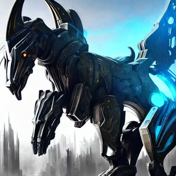 Prompt: cinematic shot, 35 foot tall detailed beautiful handsome quadrupedal feral robot mecha dragon, sharp edged black armor, gold accents, sleek blue OLED visor for eyes, four legs, walking in busy neon city streets, sharp paws, epic shot, highly detailed art, sci fi, furry, 3D realistic, warframe fanart, destiny fanart, furry art, dragon art, feral art, macro art, furaffinity, DeviantArt, sofurry