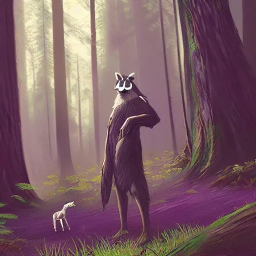 Image similar to a woodland druid in a forest with a wolf bird and racoon, photorealistic, in the style of greg rutkowski, digital painting