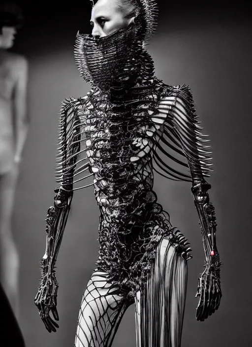 Image similar to walking down the catwalk, steven klein, mert alas and marcus piggott, show, stage, vogue photo, podium, fashion show photo, iris van herpen, beautiful woman, full body shot, helmet on face, masterpiece, inflateble shapes, plant predator, guyver, jellyfish, wires, veins, biomechanical details