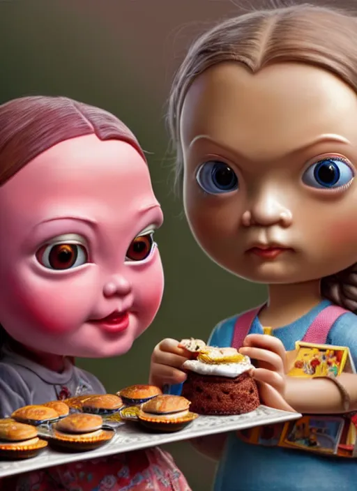 Image similar to highly detailed closeup, portrait of a tin toy greta thunberg eating cakes, unreal engine, nicoletta ceccoli, mark ryden, earl norem, lostfish, global illumination, detailed and intricate environment