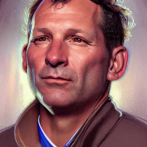 Image similar to beautiful portrait of hockey coach Clint Malarchuk, fantasy, intricate, elegant, highly detailed, digital painting, artstation, concept art, smooth, sharp focus, luxury fashion illustration, art by artgerm and greg rutkowski and alphonse mucha, brightly lit cinematic soft lighting, photorealistic