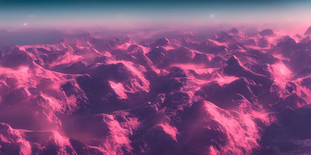 Prompt: an aerial shot of thousands of spaceships flying over giant mountains, pink clouds, at dawn, epic scale ultrawide angle, stunning, epic, cinematic, artstation trending, octane render, hyperrealistic, cryengine 8 k uhd