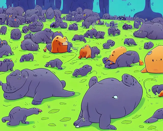 Image similar to A swarm of alien hippos, adventure time