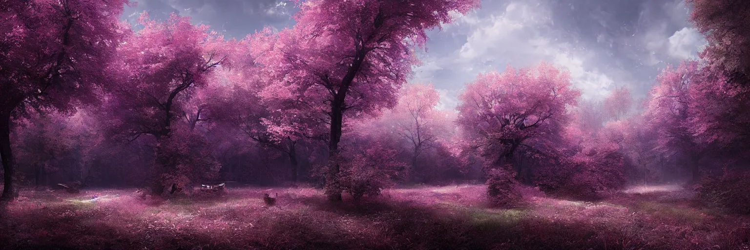 Prompt: michal karcz grunge painting of a beautiful landscape. , purple trees, detailed, elegant, intricate, 4k,