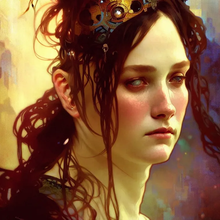 Image similar to realistic wonderful face portrait of a queen, by jeremy mann and alphonse mucha, fantasy art, photo realistic, dynamic lighting, artstation, poster, volumetric lighting, very detailed faces, 8 k, award winning