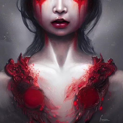 Image similar to portrait of burning asian woman, fire, blood red eyes, open mouth, vampire fangs, fantasy, intricate, elegant, highly detailed, digital painting, artstation, concept art, matte, sharp focus, illustration, octane render, unreal engine, art by aenaluck and roberto ferri and greg rutkowski, epic fantasy, digital painting