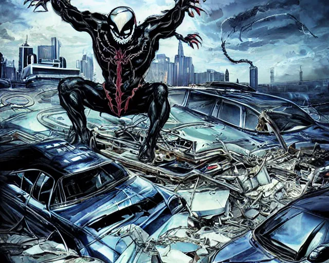 Image similar to Venom standing on top of a wrecked car in the city, open arms art by Clayton Crain and Gerardo Sandoval, Ultra detailed