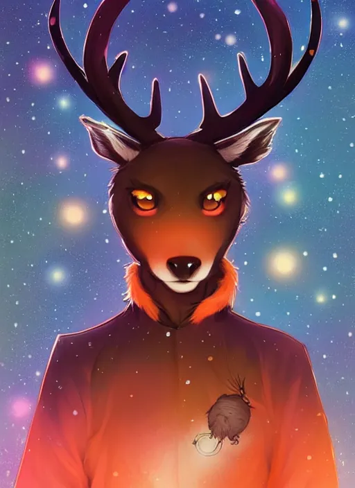 Image similar to award winning beautiful portrait commission of a male furry anthro Black Reindeer fursona with a tail, wings and a cute beautiful attractive detailed furry face wearing stylish black and orange galaxy clothes in a outerspace city at night while it rains. Character design by charlie bowater, ross tran, artgerm, and makoto shinkai, detailed, inked, western comic book art