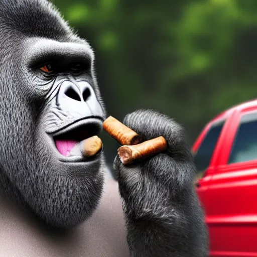Prompt: angry gorilla smoking a cigar in front of a volkswagen polo, hyperrealistic, 4 k
