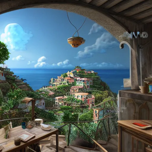 Prompt: pixar 3D render, by studio ghibli, (french bande dessinée), solarpunk, 1244, fantasy setting, mediterranean landscape, quaint old village, cinq terre, highly detailed, luminous, white rock, beautiful, style by moebius, concept art, unreal engine