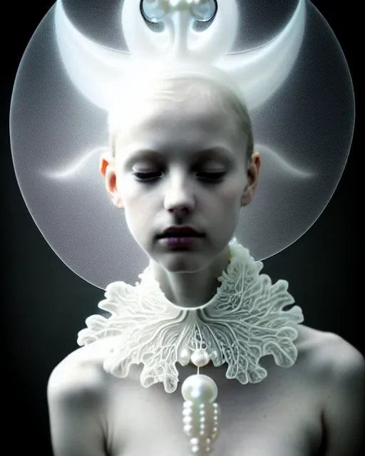 Image similar to dreamy foggy soft luminous bw art photo taken in 2 1 0 0, beautiful spiritual angelic biomechanical mandelbrot fractal albino girl cyborg with a porcelain profile face, very long neck, halo, white smoke atmosphere, rim light, big leaves and stems, fine foliage lace, alexander mcqueen, art nouveau fashion pearl embroidered collar, steampunk, elegant