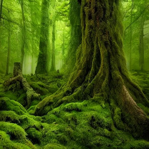 Prompt: the wood between the worlds, narnia, a forest filled with pools of water, lush green forest, moss,