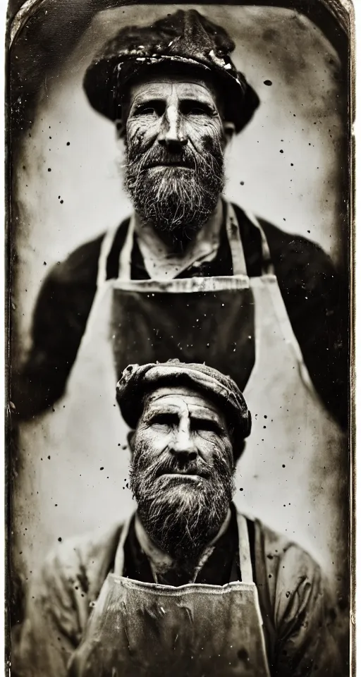 Image similar to a wet plate photograph, a portrait of a 30-year-old butcher