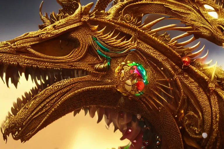 Prompt: cinematic closeup portrait of a golden dragon intricately decorated with colorful jewels, sandstorm, detailed textures, dramatic lighting, unreal engine, cgsociety, artstation, 4k