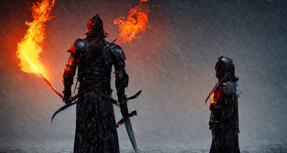 Image similar to The dark paladin with a heated sword in his hand and a burning flame with a sword in the rain. cinematic shot from back, realistic, 4K,