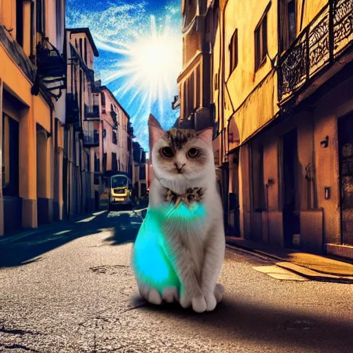 Prompt: robot cat in a street the cat's eye is red and the weather is sunny photo realistic 4 k