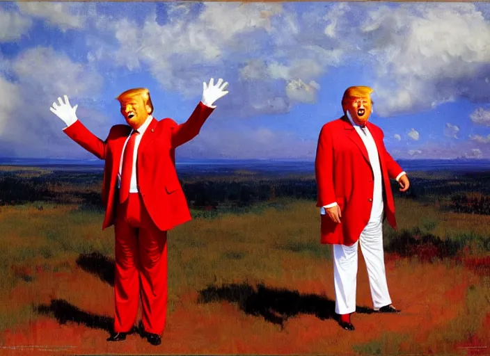 Image similar to donald trump dressed as ronald mcdonald, matte painting, by isaac levitan and asher brown durand,