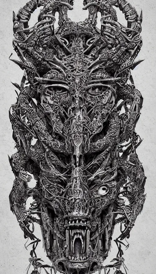 Prompt: ancient biomechanical hybrid aztec fantasy beautiful symmetrical monster face mask tattoo pattern concept, teonanacatl glyph, intricate artwork by, Johnatan Wayshak, Zdizslaw Beksinski, face by Artgerm, H.R. Giger, very coherent artwork, cinematic, hyper realism, high detail, octane render, unreal engine, 8k, High contrast, higly detailed black ink outline, crosshatch sketch gradient