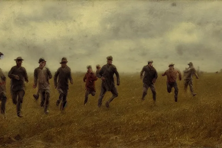 Prompt: a group of men running across a field, a matte painting by anton mauve, featured on cgsociety, remodernism, matte painting, # vfxfriday, matte drawing