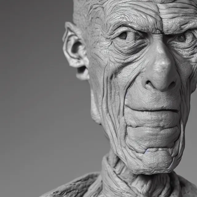 Prompt: photography of a sculpture of Samuel Beckett made of clay by Sebastian Kruger and Michelangelo, 50mm, studio atmosphere, 8K, rim light, octane render, ultra-realistic