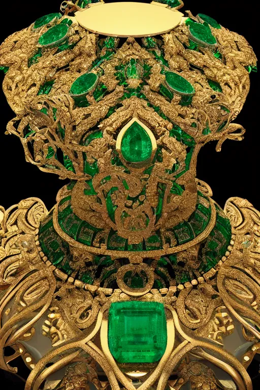 Prompt: Brilliant cut Emerald encased in an intricate ornate necklace beautifully lit. Ultra HD. 8K. V-ray. Octane Render. Global illumination. Cycles. GPU render. Sharp. Smooth lighting.