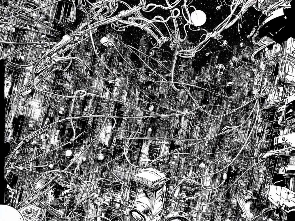 Prompt: cyborg monsters with tentacles and wires in detailed huge cybernetic mega city in space, black and white, by nihei tsutomu