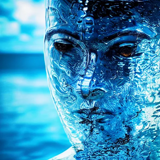 Image similar to water artwork manipulation in the shape of a human head, on the ocean water, futuristic style, hyper realistic, ray tracing, realistic water, sharp focus, long shot, 8 k resolution, cinematic, photoshop water art