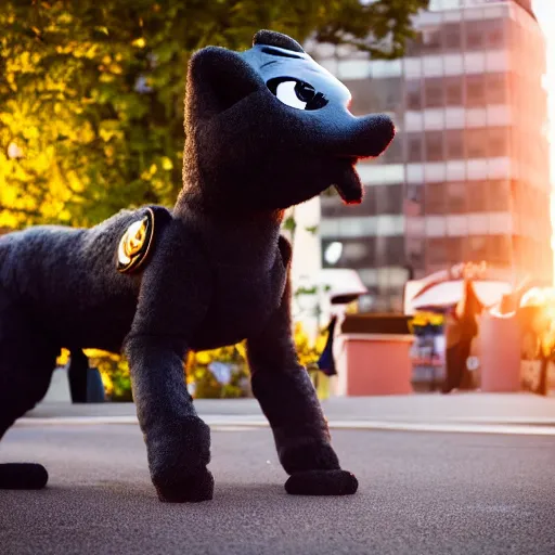 Image similar to photograph of a black dragon fursuiter at a furry convention in the city, outdoors during sunset, studio photography, f/1.8 cinematic lens