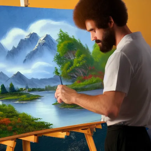 Image similar to a closeup photorealistic photograph of bob ross working on a canvas painting of mickey mouse. film still. brightly lit scene. mountains and trees. this 4 k hd image is trending on artstation, featured on behance, well - rendered, extra crisp, features intricate detail, epic composition and the style of unreal engine.