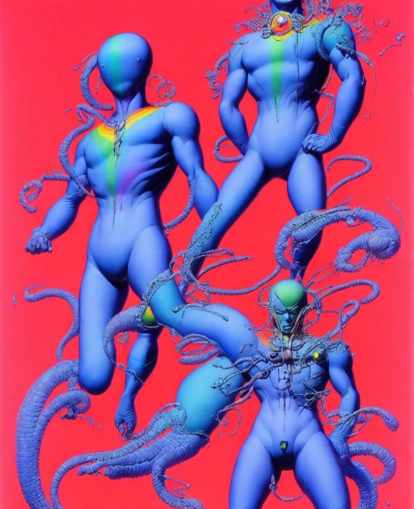 Prompt: dressed, realistic detailed male character, made of rainbow, ocean, symmetrical!!!!! art by wayne barlowe by yukito kishiro by frank frazetta by andy warhol, plugsuit, dressed