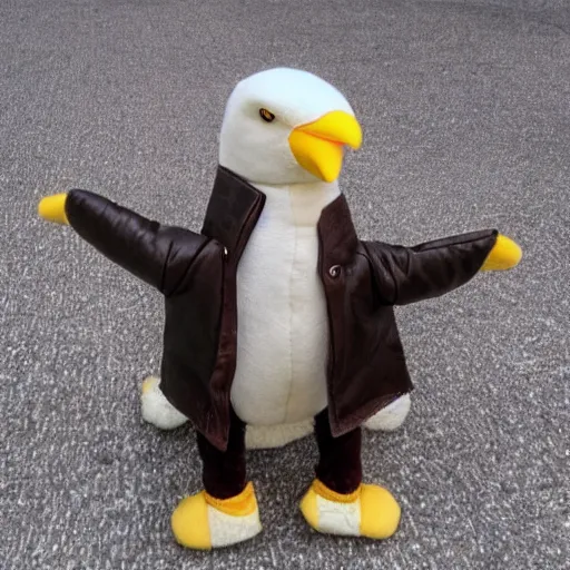 Image similar to a bald eagle wearing a leather jacket as a plush toy